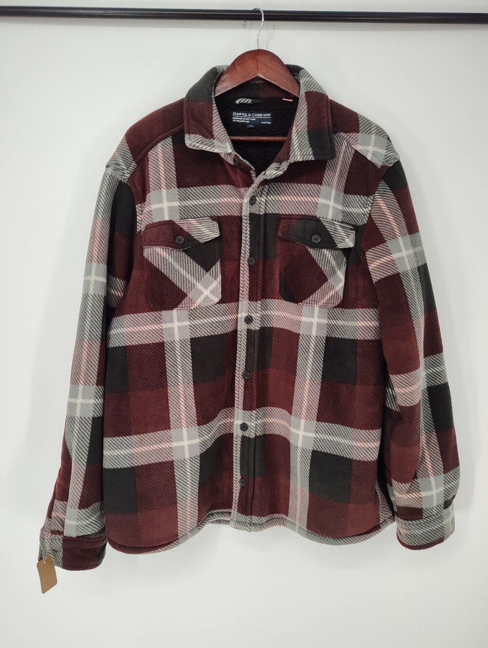 Hawke & Co Mens Burgundy/Black Plaid Fleece/Sherpa Shirt Jacket Size X Large
